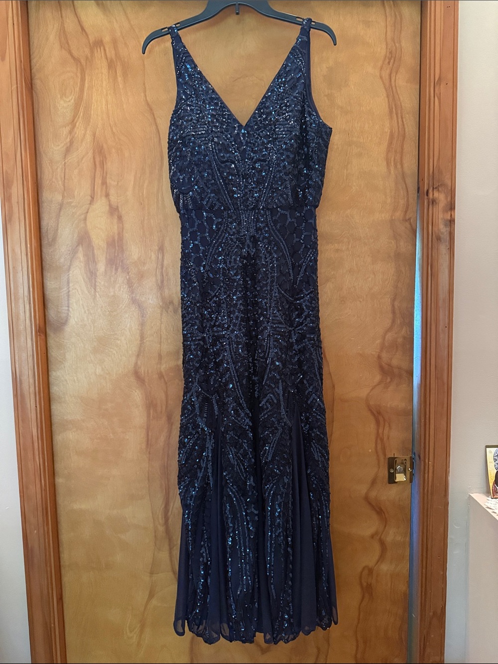 Nightway Navy Beaded V-Neck Evening Dress